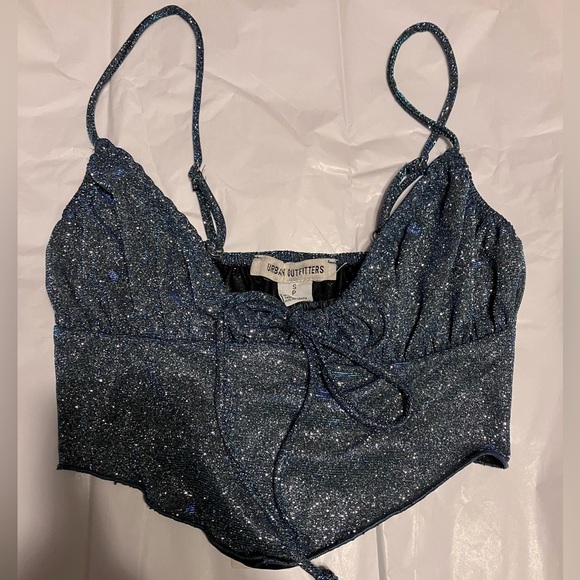 NWT! Urban Outfitters Stretch Glitter Ruched Cami Top-Blue Shimmer - Picture 4 of 6